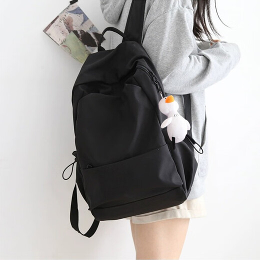 Double Star Schoolbag Junior High School Female Backpack High School College Student Backpack Male Large Capacity Leisure Travel Sports Waterproof Black with Duck Pendant