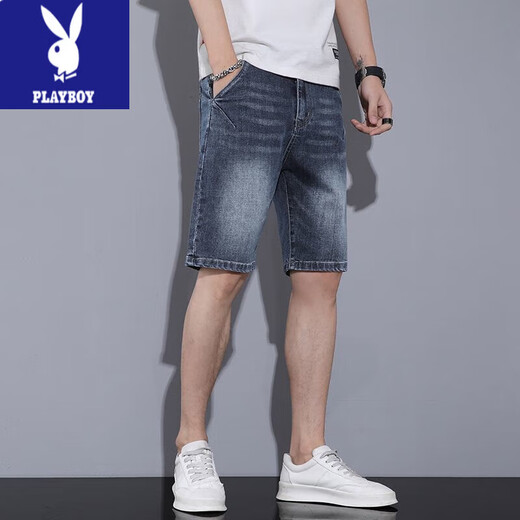 Playboy (Playboy) Denim Shorts Herren Sommer dünne koreanische Stil trendy losen geraden Männer lässige, hübsche hübsche Fünf-Punkte-Mid-Hose 671 Blue Grey 1 Strip 34 (2 Fuß 7)