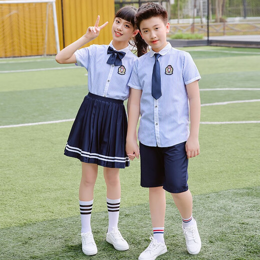 儿童白色衬衫短袖套装中小学生校服合唱服毕业演出服夏季班服英伦 1105圆领-平摆纯蓝衬衫女款 120 CM