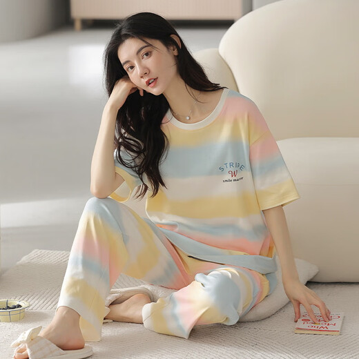 雅鹿新款睡衣女春夏季新疆棉短袖长裤薄款棉可爱学生家居服女套 XYZ9720 M