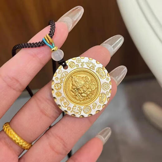Laohuangxiang solid silver 999 gold plate solid pendant necklace for men and women sterling silver auspicious words of peace and joy fortune gift Huang Wealth God pendant about 18g
