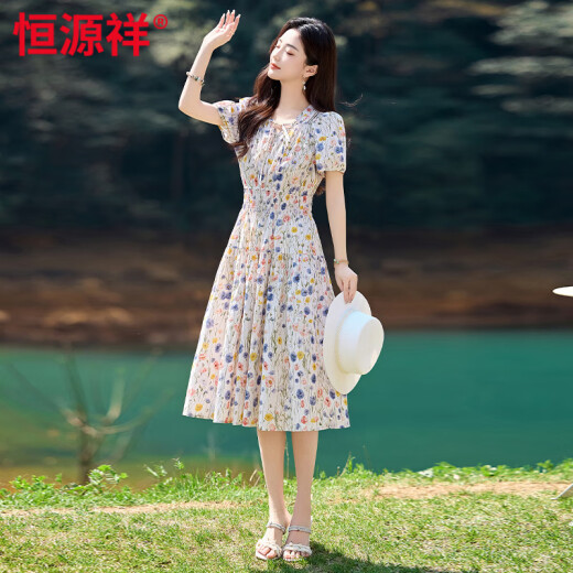 恒源祥法式休闲连衣裙女夏2025新款松紧收腰气质妈妈感纯棉碎花裙子 兰花【高品质】 M