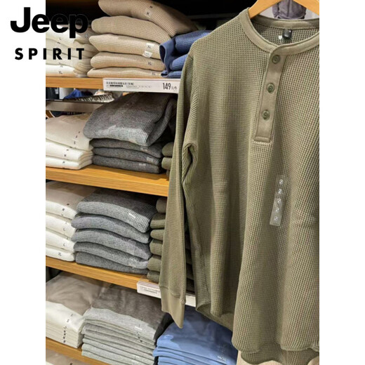 Jeep Spirit High poids Waffle Henry Collar à manches longues T-shirt Men's Curved Hem-Breakfast Breakfast Loose Casual Bottom Shirt Black C4BHB-JX9918 S 90JIN [Jin est égal à 0,5 kg] -110jin [Jin est égal à 0,5 kg]