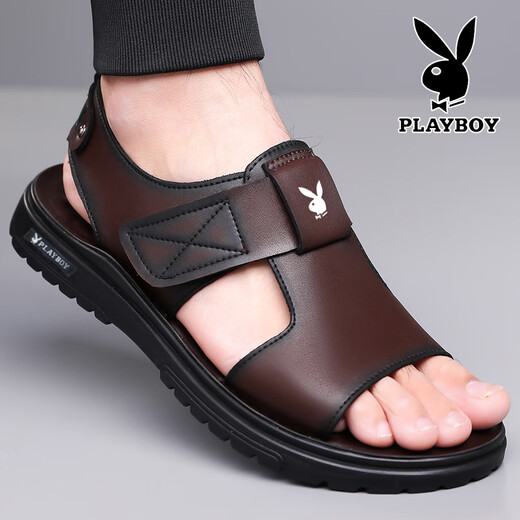 花花公子（PLAYBOY）凉鞋男真皮夏季新款潮流软底沙滩鞋外穿透气防滑罗马鞋子 棕色H6189_真皮牛皮 38 _标准皮鞋码