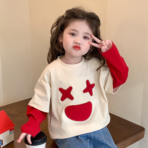 Bobdog (Bobdog) Girls Sweatshirt Frühling und Herbst 2025 Neues Kinder modische pure Baumwolle Frühling Baby Mädchen Mode Frühlingskleid falsches zweiteiliges Top Off White 90 cm