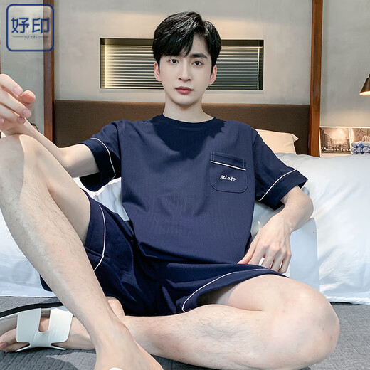 妤印睡衣男夏季棉质薄款短袖短裤可外穿休闲男士加大码凉感家居服套装 9928# L 【建议100-120斤】
