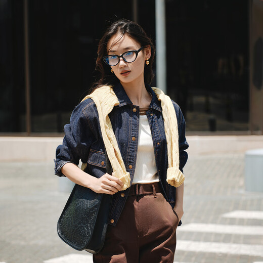Ep Yaying 2025 Nouveau produit du début de l'automne, Long Velvet Cotton Retro Washing Denim Veste courte Jeste J103A Navy S
