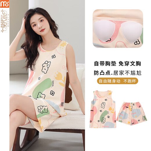 Modal nightgown for women in summer 2025 new fat sister sleeveless vest with chest pad anti-convex dot set plus size loose FY-9855 M [80-100Jin [Jin equals 0.5 kg]]