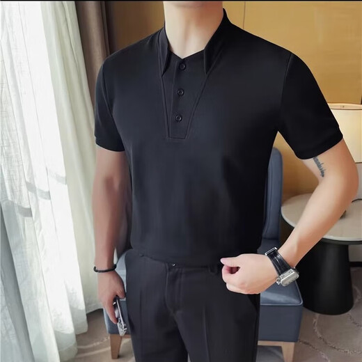 逐梦颜假两件亨利领短袖polo衫男夏季潮牌痞帅高级感修身小立领半袖T恤 黑色 2XL