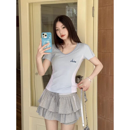 美式辣妹正肩v领拼接短袖t恤女夏季设计感大领口独特收腰显瘦上衣 1048薄荷绿拼白色 S 【建议80-90斤】
