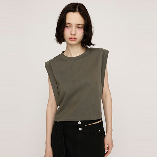 moussy&sly2025夏季简约纯色坎肩圆领无袖休闲针织背心030ISR80-3271 军绿色150 S