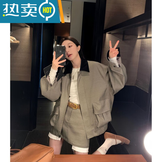 山头林村区区欧阳外套设计感翻领撞色千鸟格外套女春秋慵懒风宽松复古廓形 撞色外套 S