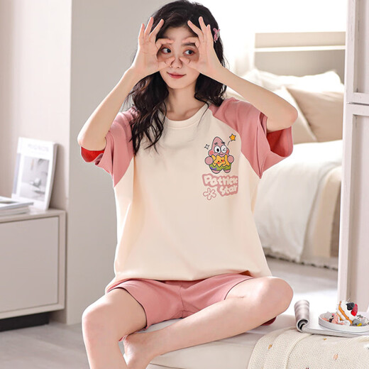 Opeodly夏季睡衣女士新款短袖薄款宽松大码可爱卡通夏天家居服套装可外穿 682派大星 M 【建议80-90斤】