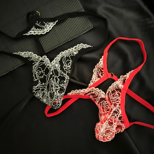 Underwear insertion with video men's fully transparent embroidery hollow one thread seamless underwear low waist thong niche red