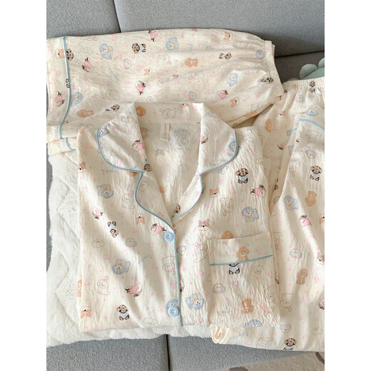 猫人 MiiOW纯棉纱布睡衣女短袖长裤春夏款三件套可爱小狗外穿开衫家居服夏季 云朵棉-9905#黑爱心三件套 M [建议75-100斤]