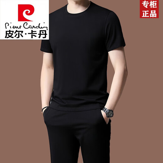 皮尔卡丹（pierre cardin）夏季男士休闲短袖t恤运动套装薄款冰感桑蚕丝中年潮流两件套针织 黑色两件套【13062】 XL 180(建议135-155斤)