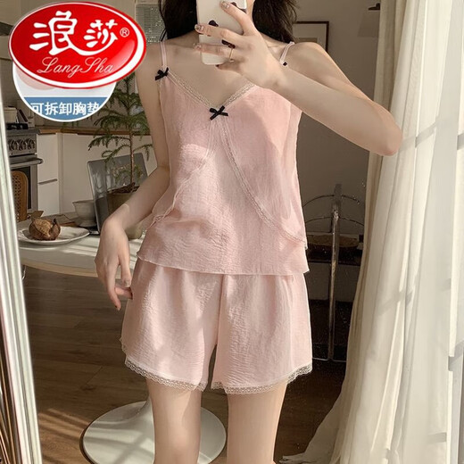 浪莎夏季新款网红爆款睡衣夏天女带胸垫蕾丝花边蝴蝶结吊带短裤家居服 带胸垫967杏色 M80-100斤 均码