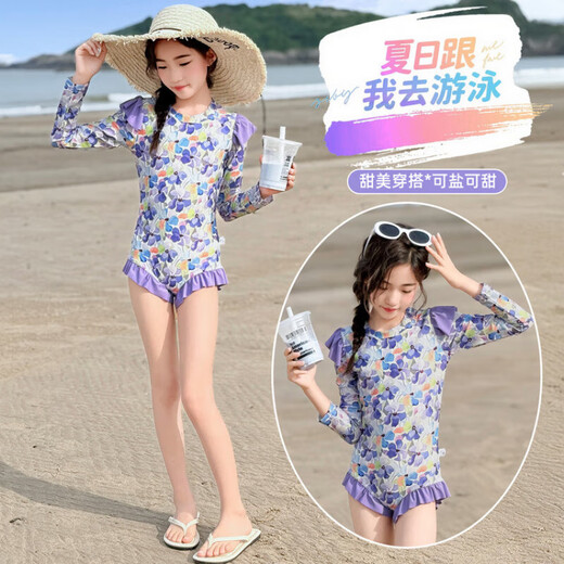 G.DUCKKIDS Girls Swimwear Summer 2025 New Big Girls Long Sleeve Sun Protection Swimsuit Fashionable Children Summer One-piece Swimsuit Picture Color 150 cm
