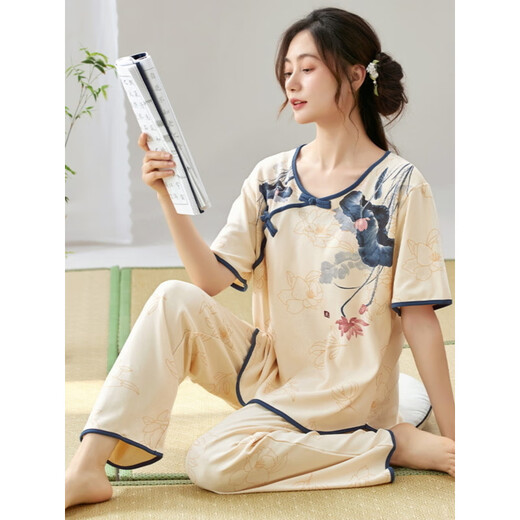 Calculate / Keen (Calculat / Keen) CK Pyjama à manches courtes pour femmes Set Summer Minage Tableau d'été Nouvelle Imitation de style chinois Vêtements de coton LZY9905 M (suggéré 75-95jin [Jin est égal à 0,5 kg]))