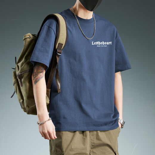 Mit reinem Yishion reines Baumwoll kurzärmelig rundes Nacken T-Shirt Slim Design Sense Spleißen Nische Lustige Marine Blue Trendy Marke Kleidung Amerikanisch Weiß 1342 S