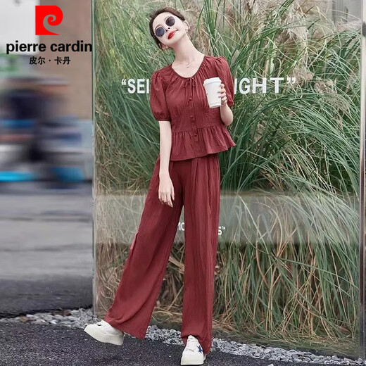 皮尔卡丹小香风套装女2025夏季新款时尚显瘦洋气减龄短袖休闲阔腿裤两件套 秀红色套装9227 S