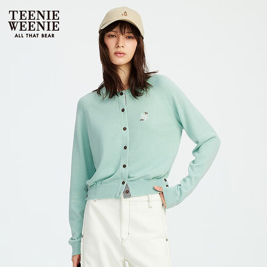 Teenie Weenie Bear Women's Wool Sweater 2025 Autumn New Simple Fashion Light Thin Round Neck Cardigan Mint S