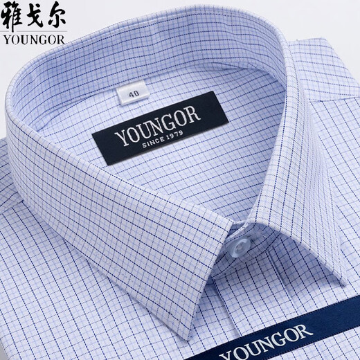 雅戈尔旗舰官方店男士短袖衬衫夏季纯棉免烫中年休闲商务职业正装格子衬 蓝色dx6636 39