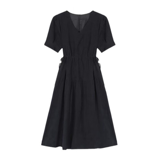 Harudi Hepburn style black French V-neck dress for women 2025 summer new style versatile loose trendy long skirt for women Black M (95-110Jin[Jin equals 0.5 kg])