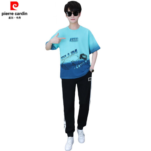 皮尔卡丹夏季青少年短袖T恤男孩衣服高中初中学生大童夏装帅气运动套装潮 白蓝色 套装TZ9226款 165 S【60-75斤】