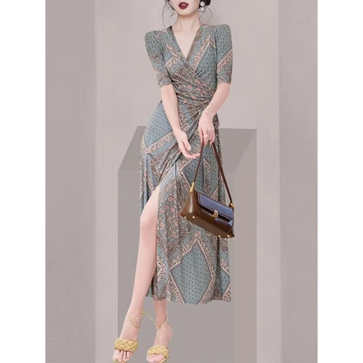 Gulan Dilly tall women's clothing 170-175 set lady temperament skirt goddess style V-neck dress women 2025 3519 black plum blossom S [normal delivery]