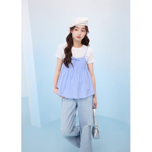 Zihan (ZIHAN) Zihan round neck short-sleeved T-shirt blue grid camisole baby doll shirt two-piece suit for women 2025 summer new style blue grid L