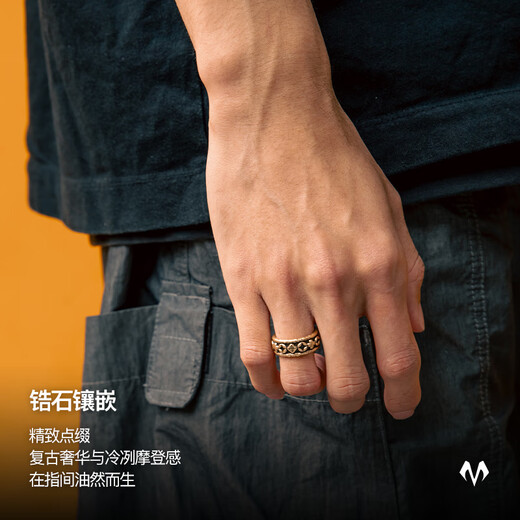 BABAMA Wuxing Series Rich Flower Double Flower Ring Men's Retro Old Copper Plated Platinum Ring Couple's Same Style Birthday Gift Ancient Gold Men's Style 59mm