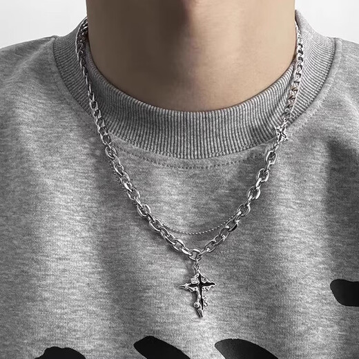 Half black gemstone silver necklace men's niche design hip-hop wrapped and stacked handsome versatile high street clavicle chain pendant black cross silver necklace 45CM