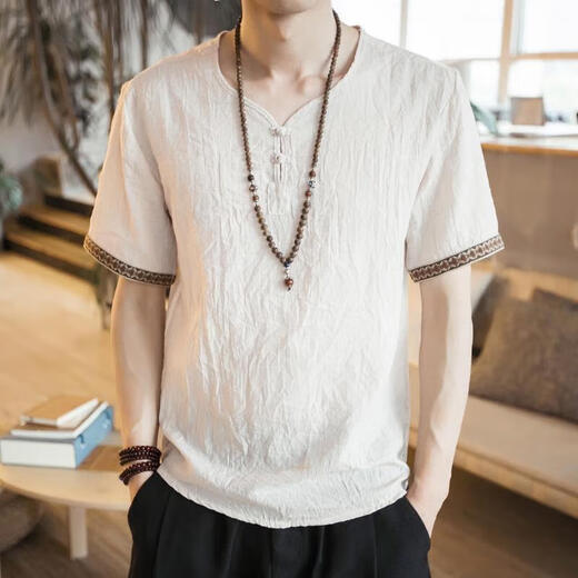 Zoscheter Chinesischer Stil Herren im chinesischen Stil von Herren T-Shirt Herren Kurzärärmelte lose, große, dünne, lässige Schnalle Retro-Baumwollwäsche auf 686 Sky Blue L 115jin [Jin ist 0,5 kg]