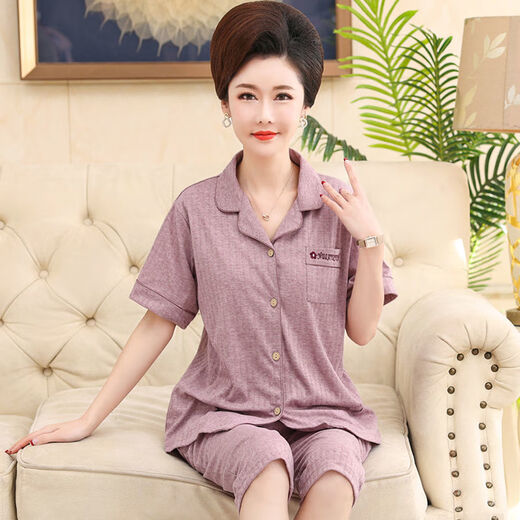 中年妈妈睡衣女夏季纯棉短袖短裤大码开衫套装中老年人薄款家居服 n9863 2XL (135-155斤)