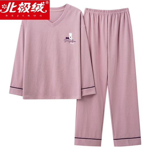 北极绒（Bejirog）睡衣女春秋款纯棉韩版长袖可爱大码休闲套装夏秋冬季家居服可外穿 浅棕色 长袖长裤-g9928 XL (100) 女码(120-130斤胸围