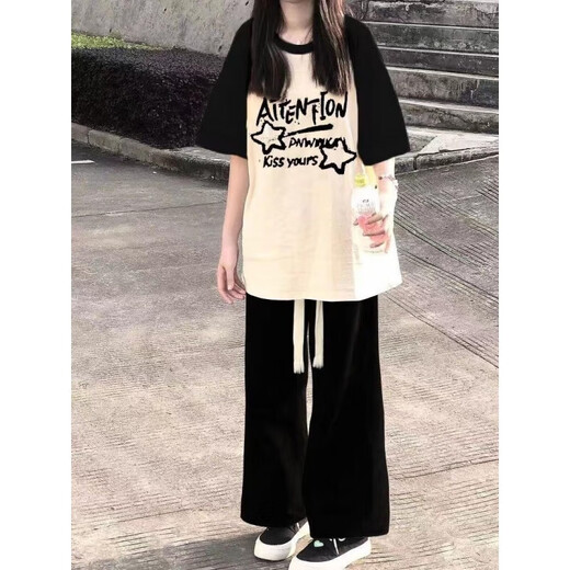 HUALIN FASHION高中初中生短袖套装时尚休闲两件套1315岁女孩夏季广州十三行 [两件套]8242#黑白短袖+黑长裤 S [建议80-90斤]