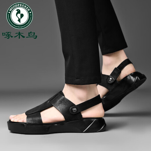 
Summer men's sandals toe layer cowhide soft surface soft sole casual breathable two-wear beach shoes dad sandals 6187 black glossy leather standard leather shoe size 38