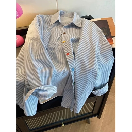 Semir Blue Striped Long Sleeve Shirt Women's Spring Top 2025 New Loose Design Retro Contrast Color Jacket Shirt Blue S Recommended 75-95Jin Jin equals 0.5kg