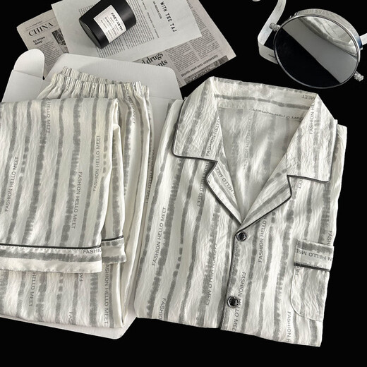 UKUHPK Pyjama Herren Frühlings- und Herbst-Cloud-Baumwoll-Langarmdünnstil 2025 Jugend Einfacher großer Sommerset 12401 [Modell Cloud Cotton] L [100-130jin [Jin entspricht 0,5 kg]]