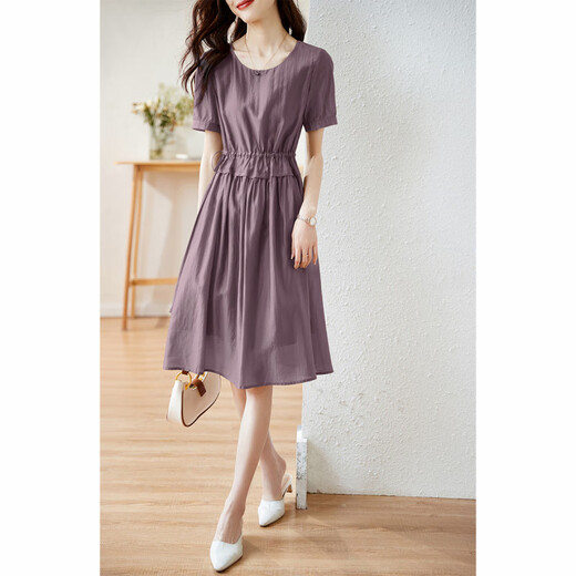 Ehangy international brand women's light luxury high-end dress summer new round neck short sleeve waist-hugging long skirt light purple [high-end gift box] L