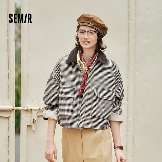 森马（Semir）外套女短款拼接灯芯绒翻领潮流宽松秋季落肩格纹夹克101524108021