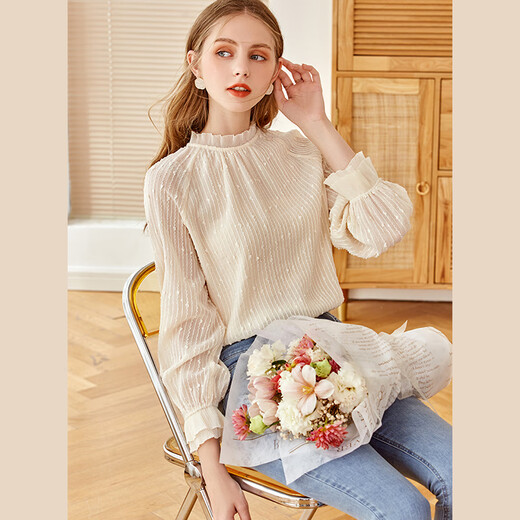 Olrain Aurel Chiffon Top Shirt Women's Autumn Wear Sweet French Temperament Chic Lace Shirt Apricot M