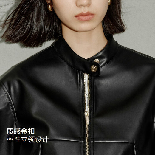 太平鸟女装皮衣金扣小立领仿蛋白PU皮衣外套女截短式机车 黑色 L