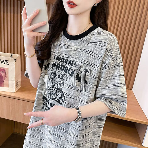 
Feili Musanne 2025 summer new cartoon print contrasting color pure cotton short-sleeved T-shirt women's large size loose slim half-sleeved top 897 gray M [recommended 100-120 Jin [Jin equals 0.5 kg]]