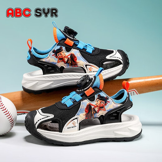 ABCSYR 新款夏季哪吒男童凉鞋包头防撞防滑透气户外卡通沙滩鞋 SK983黑橘 30 内长18.8CM