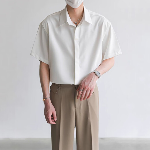 Scarecrow (MEXICAN) summer ice silk cool feeling no ironing light luxury style Henry collar short shirt trendy men's double door white 2XL (150-170Jin Jin equals 0.5 kg)