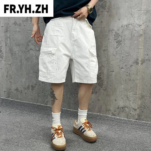 Fr.yh.zh yin xiaoji lavado pesado ropa de trabajo suelto de bolsillo grande de bolsillo blanco pantalones de mezclilla articulación de mezclilla para hombres y mujeres 1049 blancos m 90-110jin [Jin equivale a 0,5 kg]