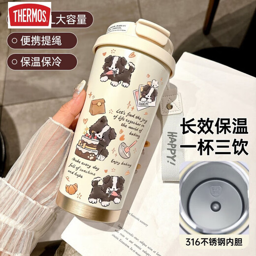 Thermos Happy Puppy Thermos (Thermos) Estudiante de acero inoxidable Café especial Café de café nuevo Copa de agua para hombres y mujeres DX1047 Bow Ink Cat + Lanyard Ceramic Inner Inner