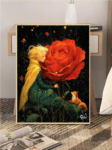Vinoa Little Prince und Rose Digital Oil Painting DIY Füllung handgefüllter Malvorlagen Dekompression Acrylölmalerei J4877 Little Prince [klassischer regulärer Stil] DIY Set + Premium L-förmiges Rahmen [drei Farben optional 3